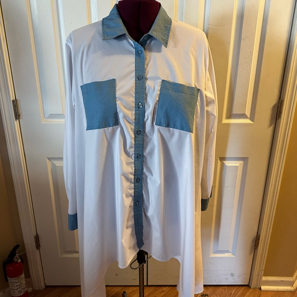 Ashley Stewart White and Blue Button-Up Blouse